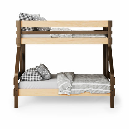Native elm single over double bunk bed with angled side supports and gray patterned bedding.