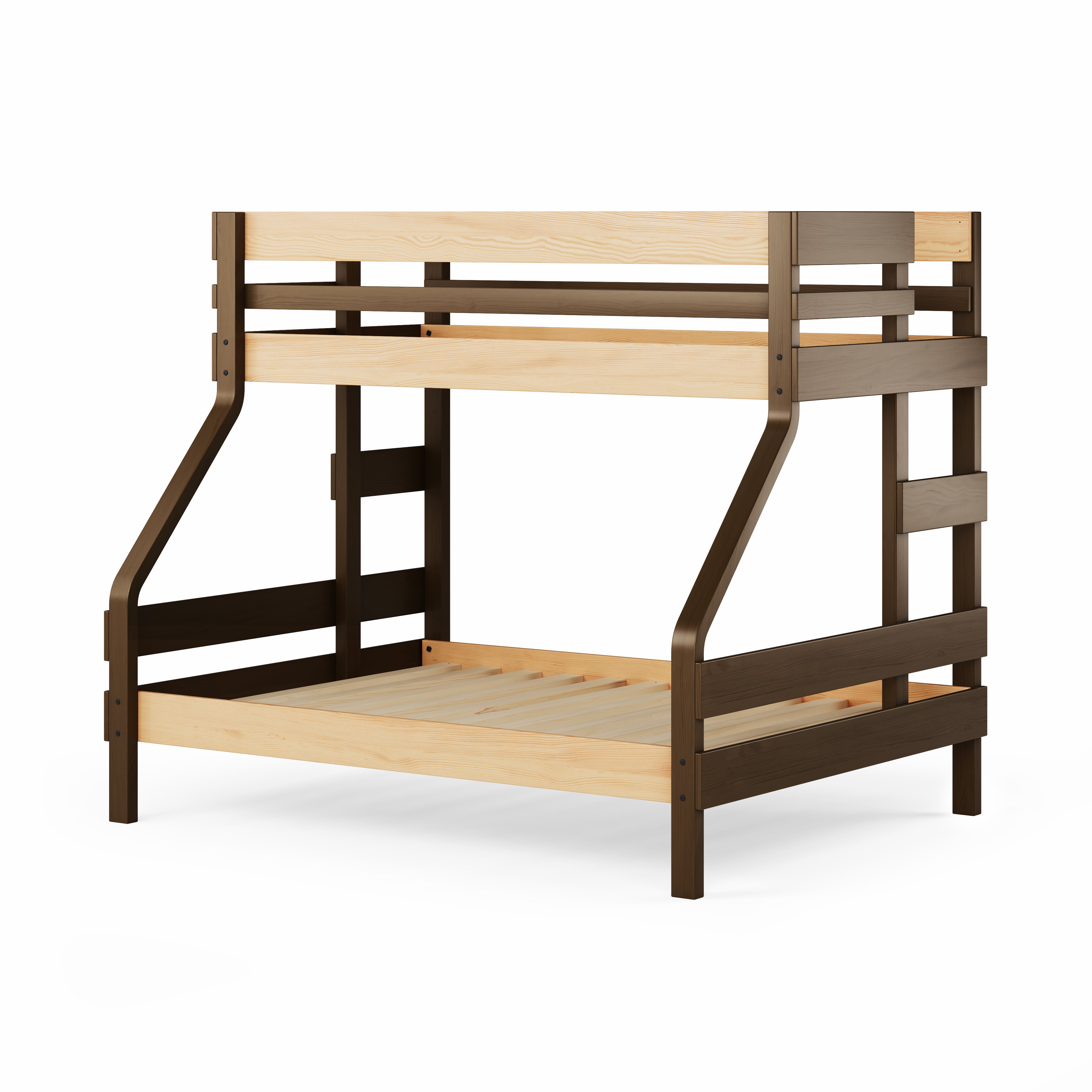 Single over double bunk bed in natural elm wood with sturdy slatted frames and angled ladder supports.