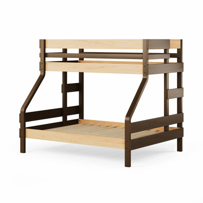 Single over double bunk bed in natural elm wood with sturdy slatted frames and angled ladder supports.