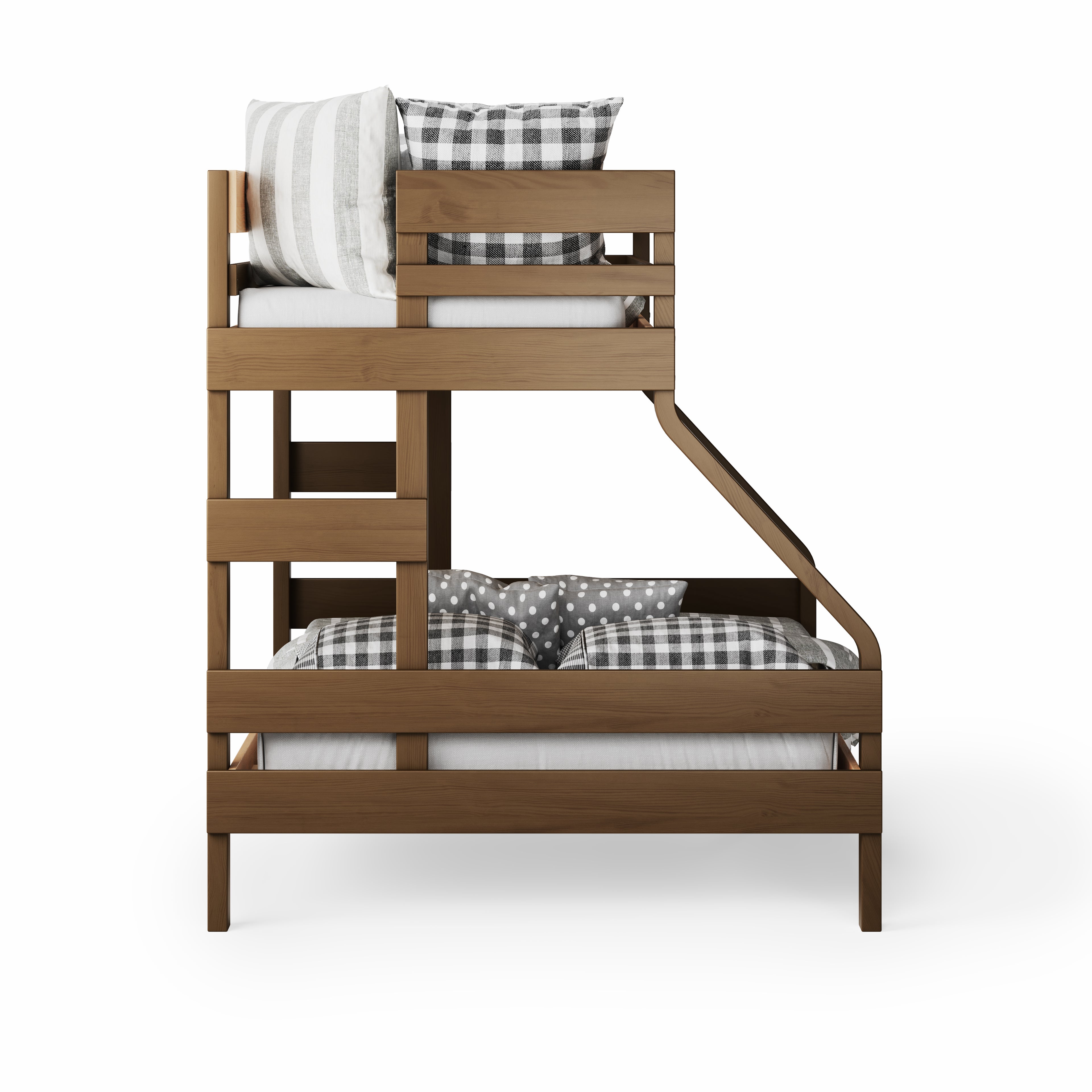 Native elm single over double bunk bed with built-in ladder and checkered bedding.