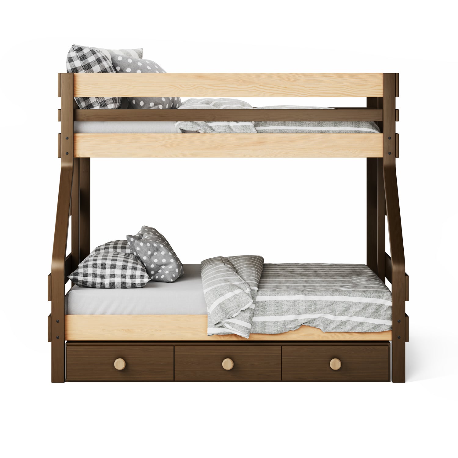 Native Elm single over double bunk bed with under bed drawers and gray checkered bedding.