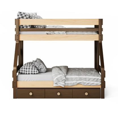 Native Elm single over double bunk bed with under bed drawers and gray checkered bedding.
