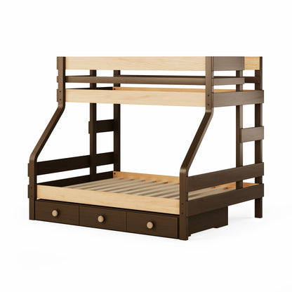 Native Elm single over double bunk bed with sturdy slats and under-bed drawers.