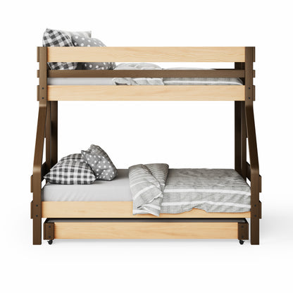 Native Elm single over double bunk bed with gray patterned bedding and under bed trundle drawer.