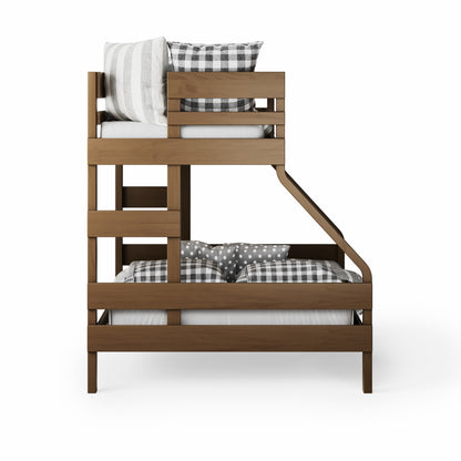 Single over double bunk bed in native elm finish with plaid bedding and built-in ladder.