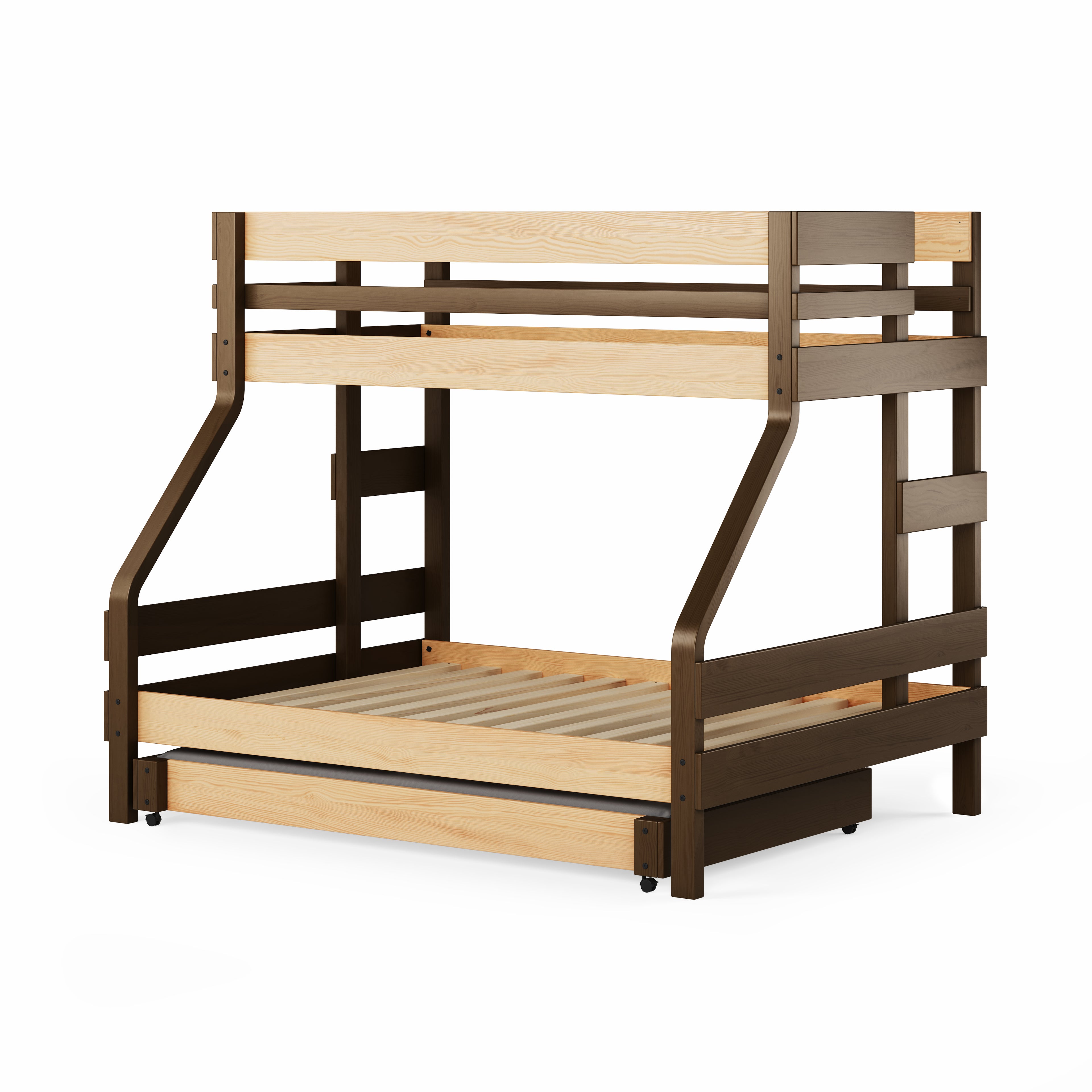 Natural wood finish single over double bunk bed with sturdy slat base and angled support beams.