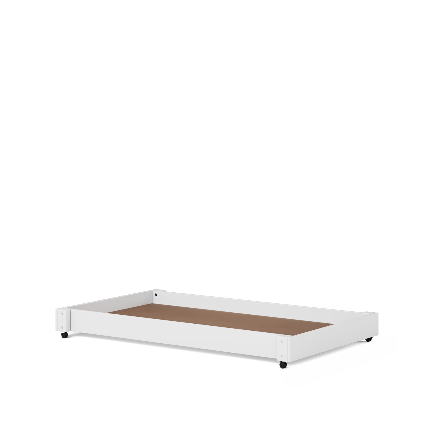 White wooden trundle bed base with four caster wheels on white background.