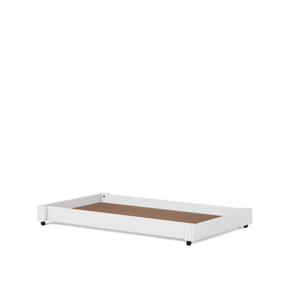 White wooden trundle bed base with four caster wheels on white background.