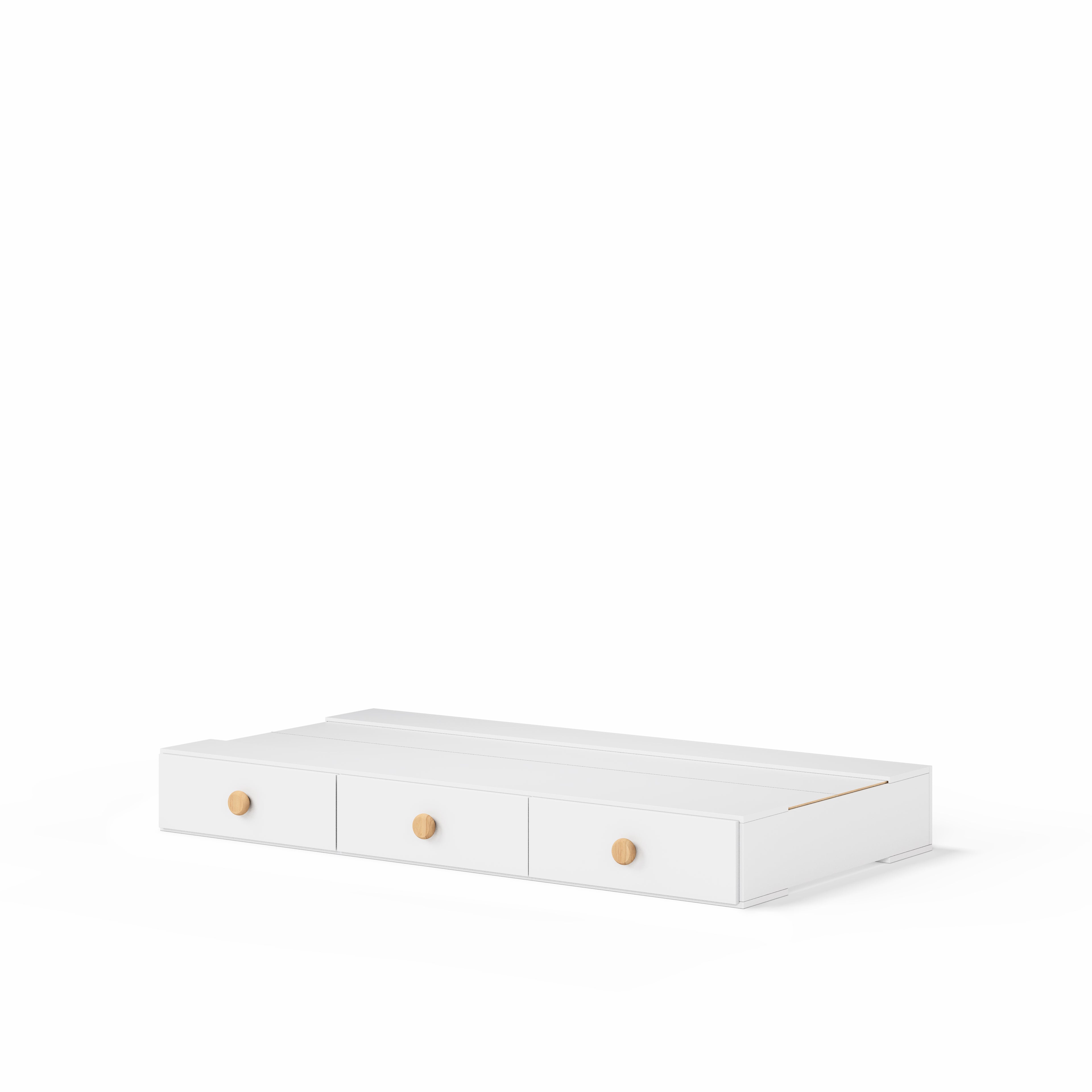 White under bed drawers with round wooden knobs for single over double bunk bed.