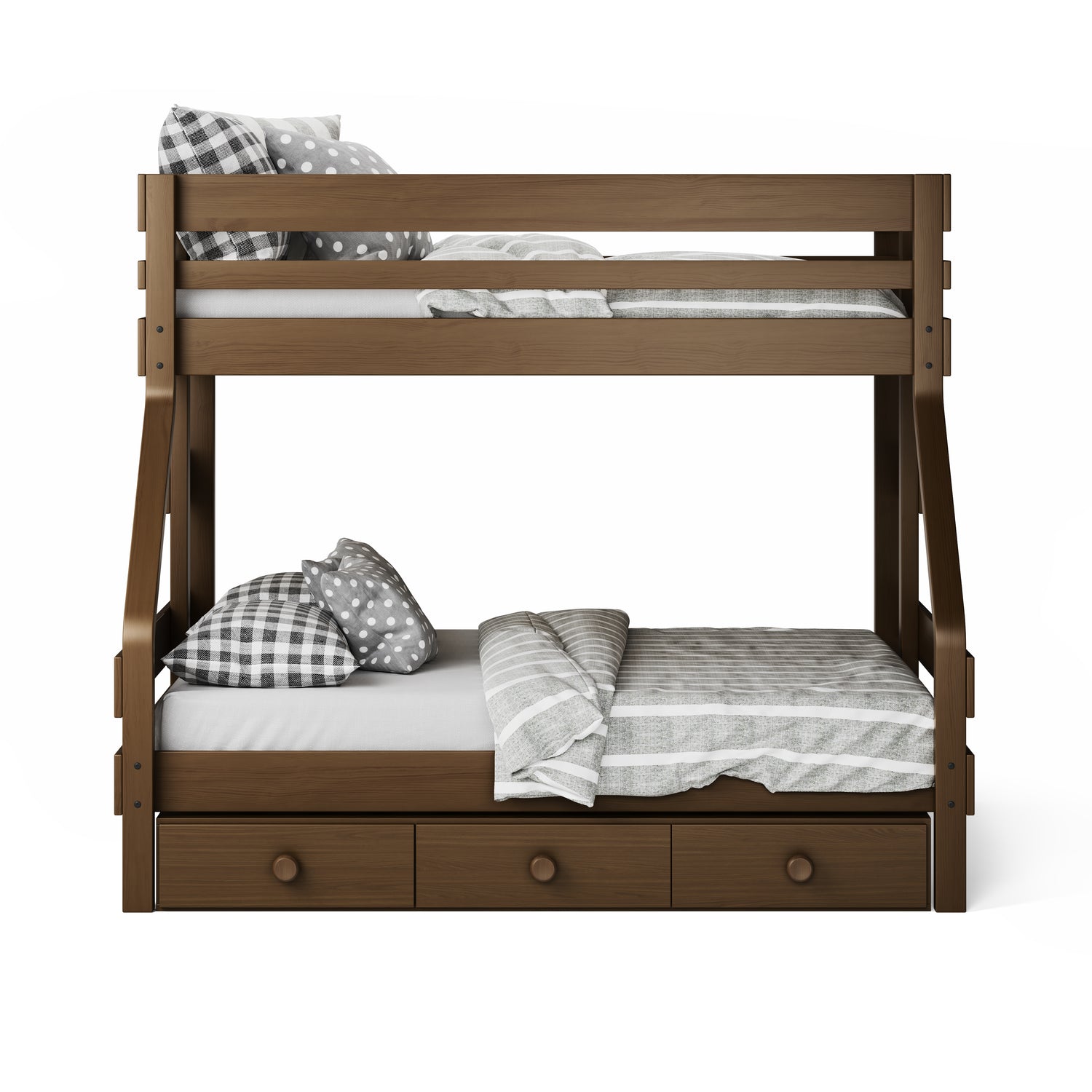 Native elm single over double bunk bed with under bed drawers and gray checkered bedding.