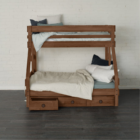 Native Elm single over double bunk bed with under bed drawers and angled ladder.