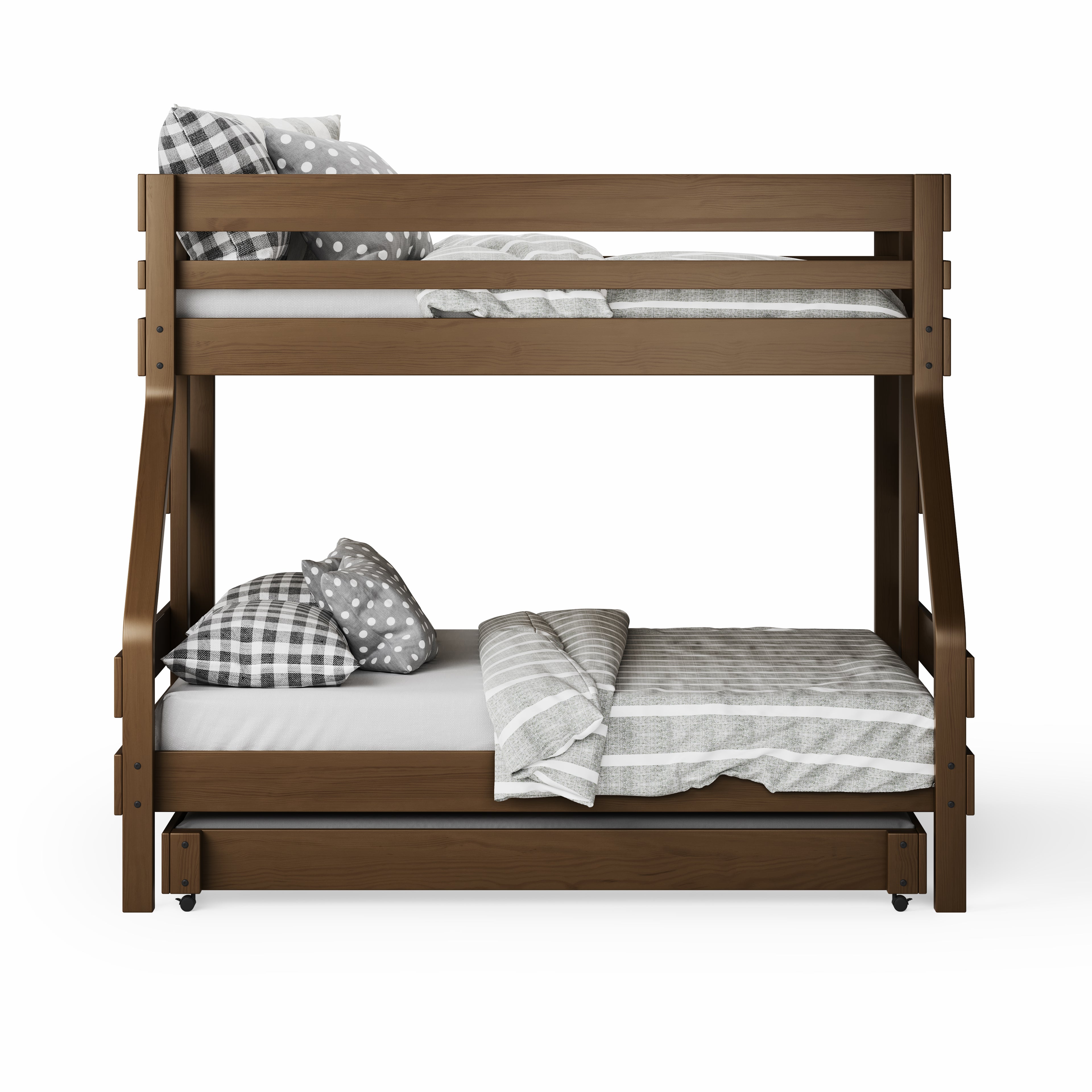 Native elm single over double bunk bed with clean lines and cozy bedding.