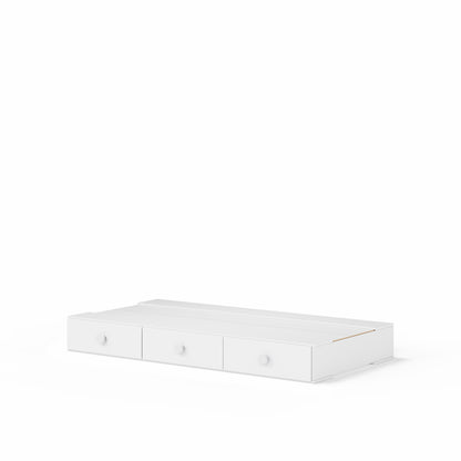 White under bed drawer with three handles, designed for single bunk or loft bed storage.