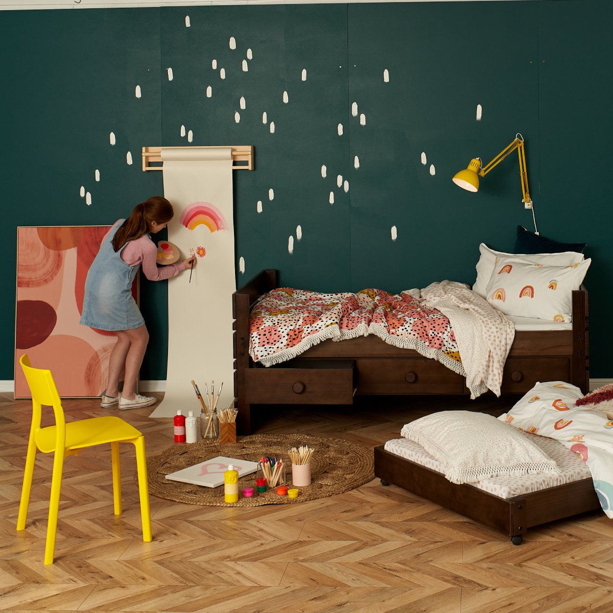 wooden Captain bed with under bed storage drawers and trundle bed