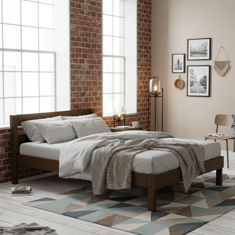 timber double bed in Gold Coast apartment with exposed brick