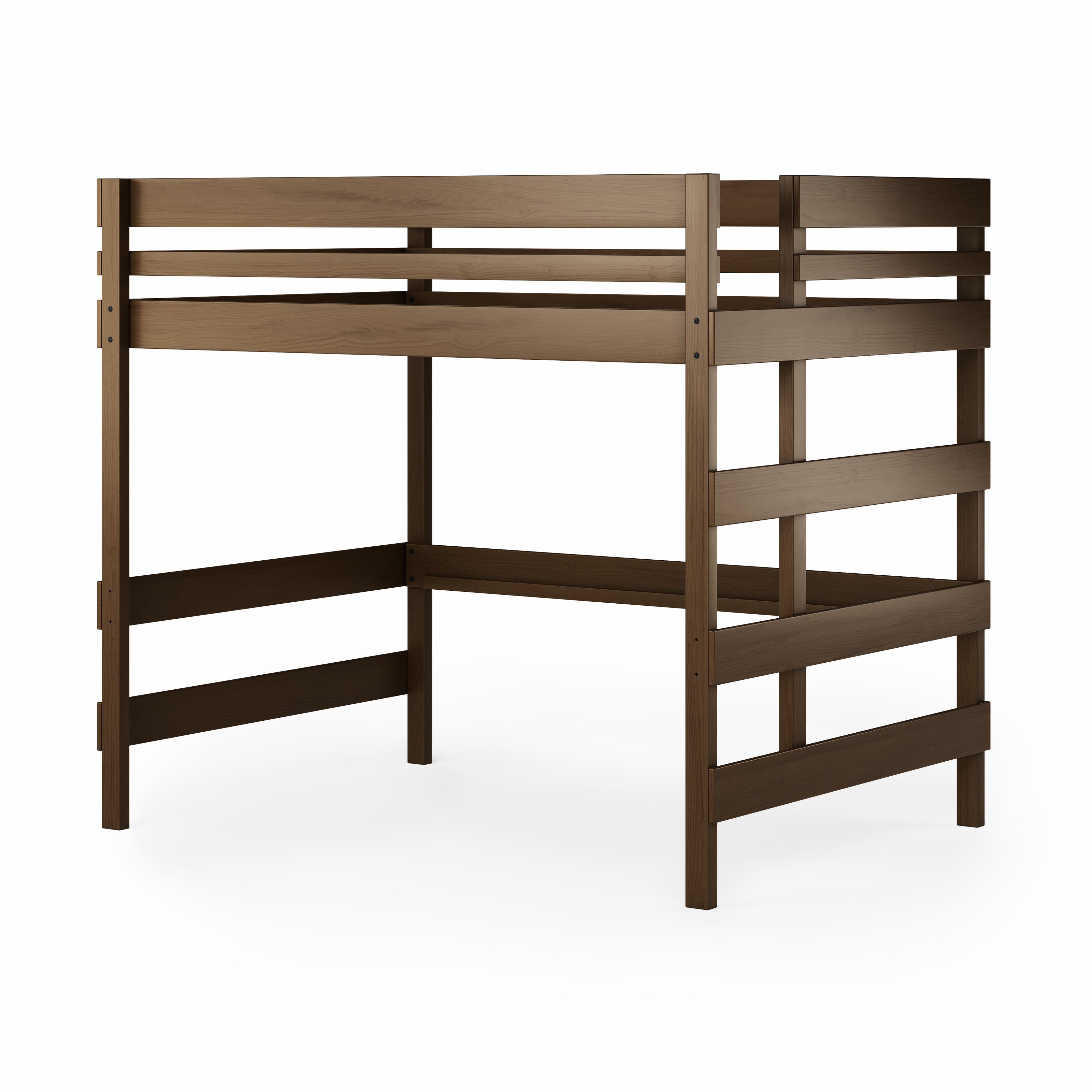 Native elm loft bed with simple slatted guardrails and sturdy frame.