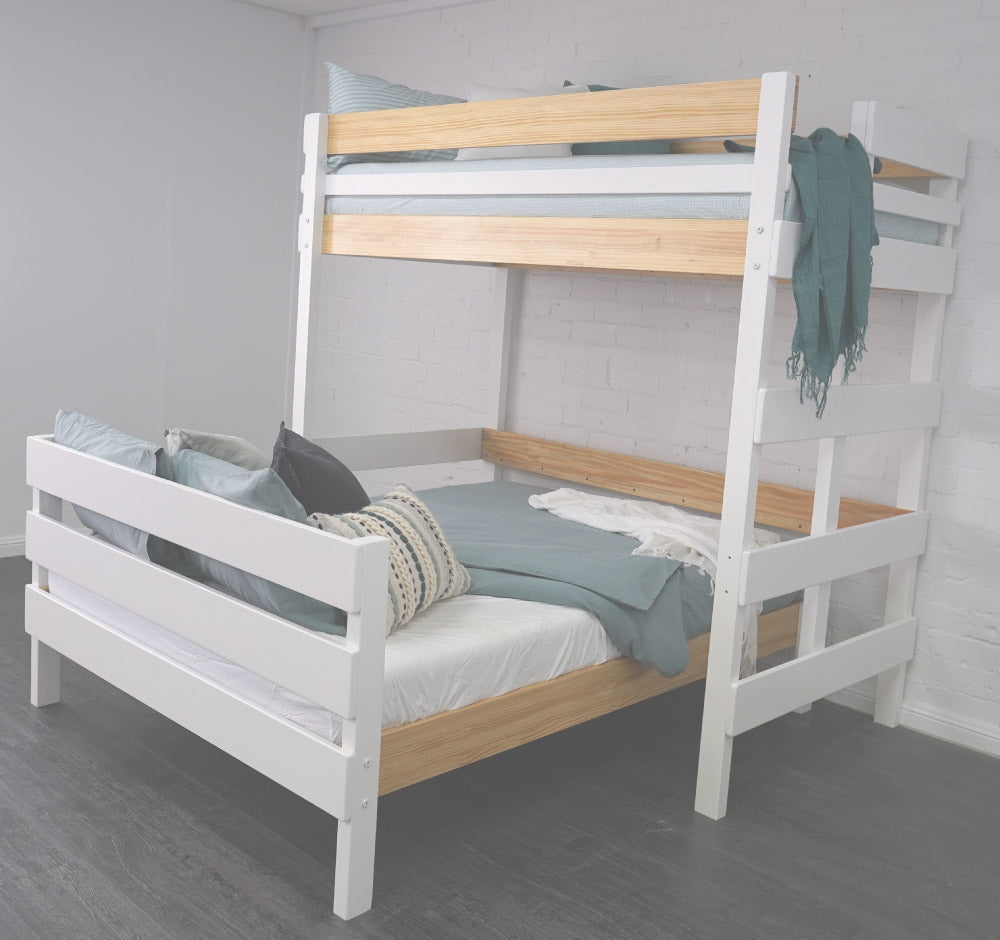 King single loft bed above independent queen bed in nordic finish