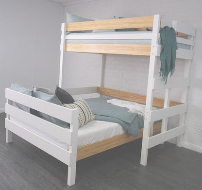 King single loft bed above independent queen bed in nordic finish
