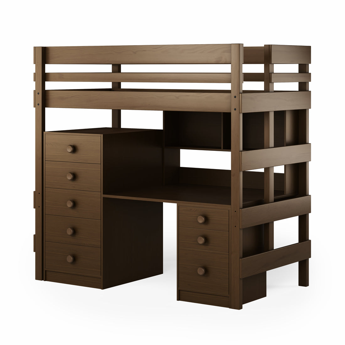 Dark wood loft bed with bench desk and large storage drawers on both sides.