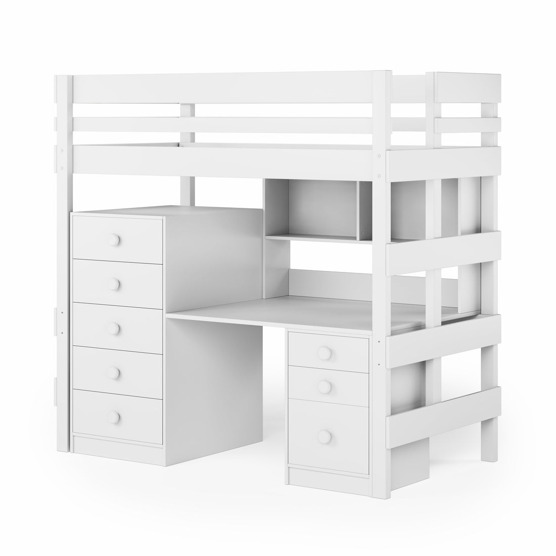White loft bed with bench desk and large storage drawers on both sides.