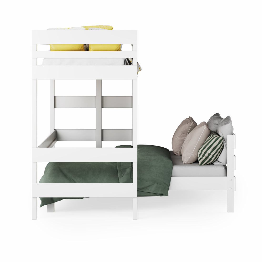 Loft Bed over Standard Bed - White wooden loft bed with guardrails over standard bed, side ladder, green bedding on lower bed.