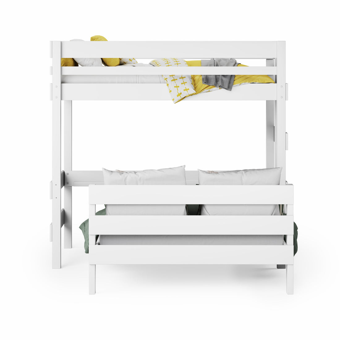 Loft Bed over Standard Bed - White wooden loft bed over standard bed with clean lines and guard rails on top bunk.