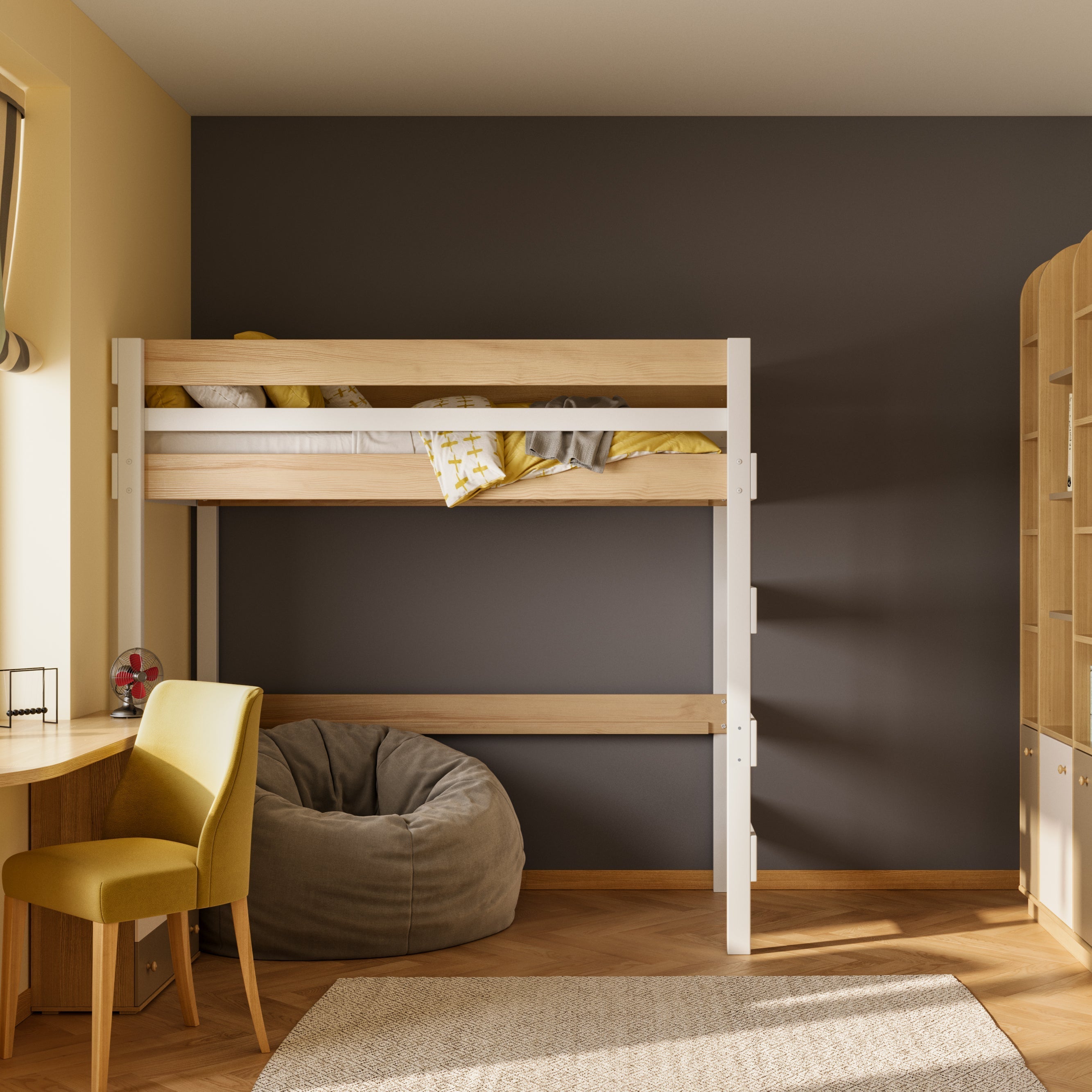 Nordic finished loft bed in Melbourne bedroom with large beanbag beneath