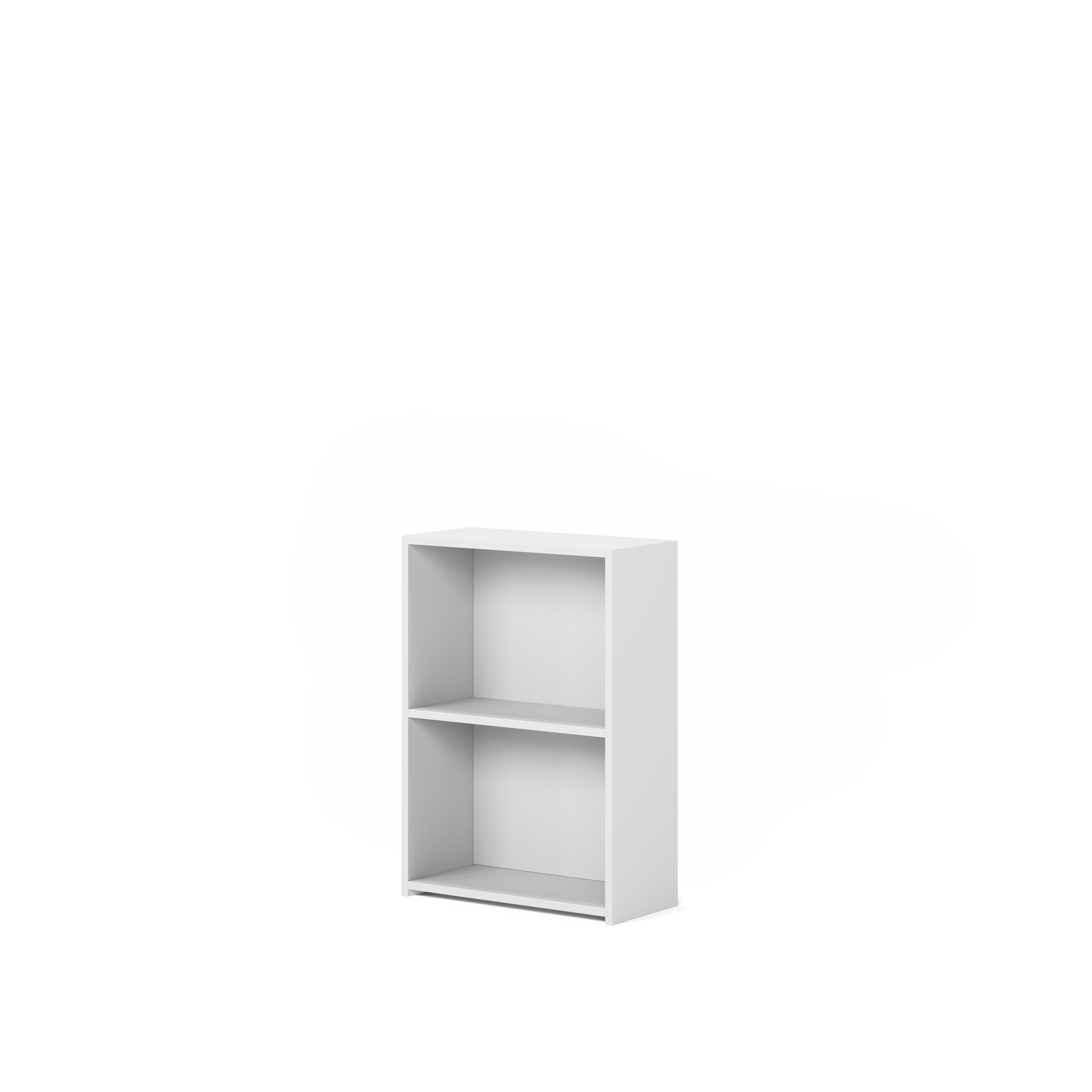 White under desk shelving with two shelves on a white background