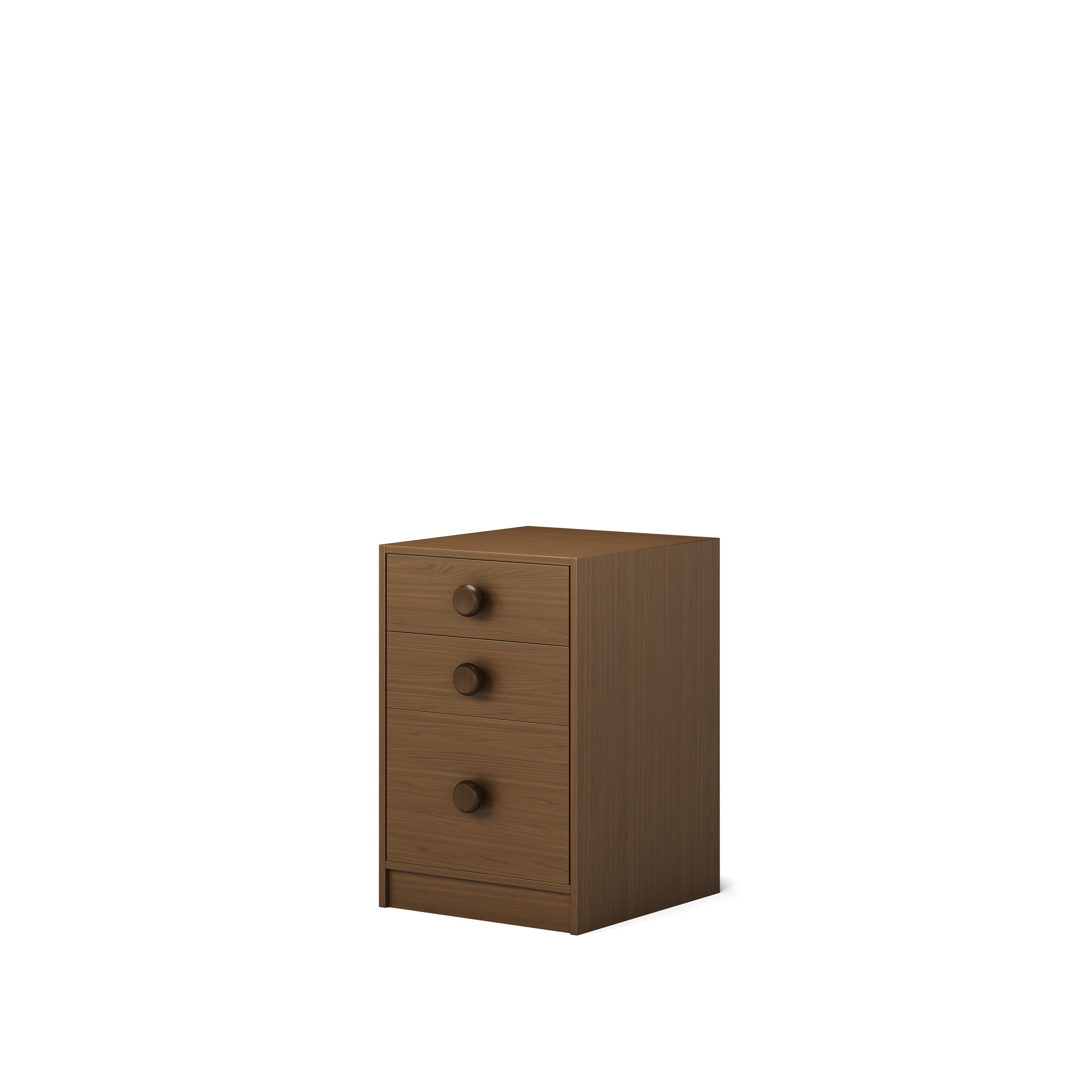 Compact wooden three-drawer bedside cabinet in native elm finish.
