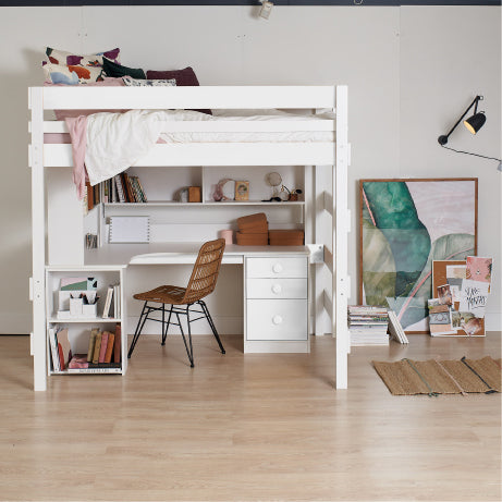 white double loft bed over corner desk study area with storage drawers and shelving