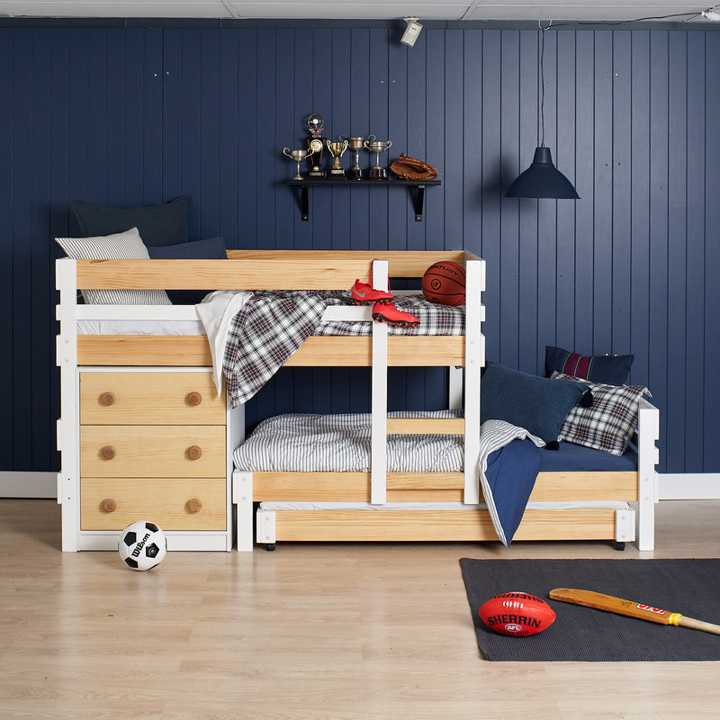 Low Height Offset Bunk Bed with Trundle Storage Chest
