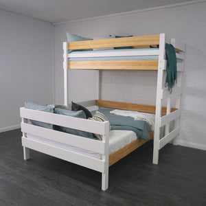 king single loft bed above independent queen bed