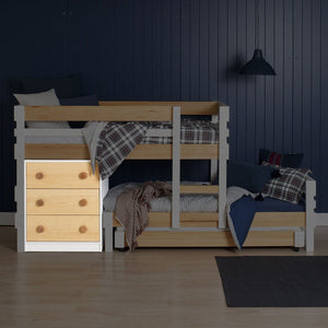 Deep drawer chest pictured under Low height longwall bunk bed