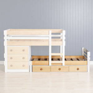single bed with under bed storage drawers shown under bunk bed add on