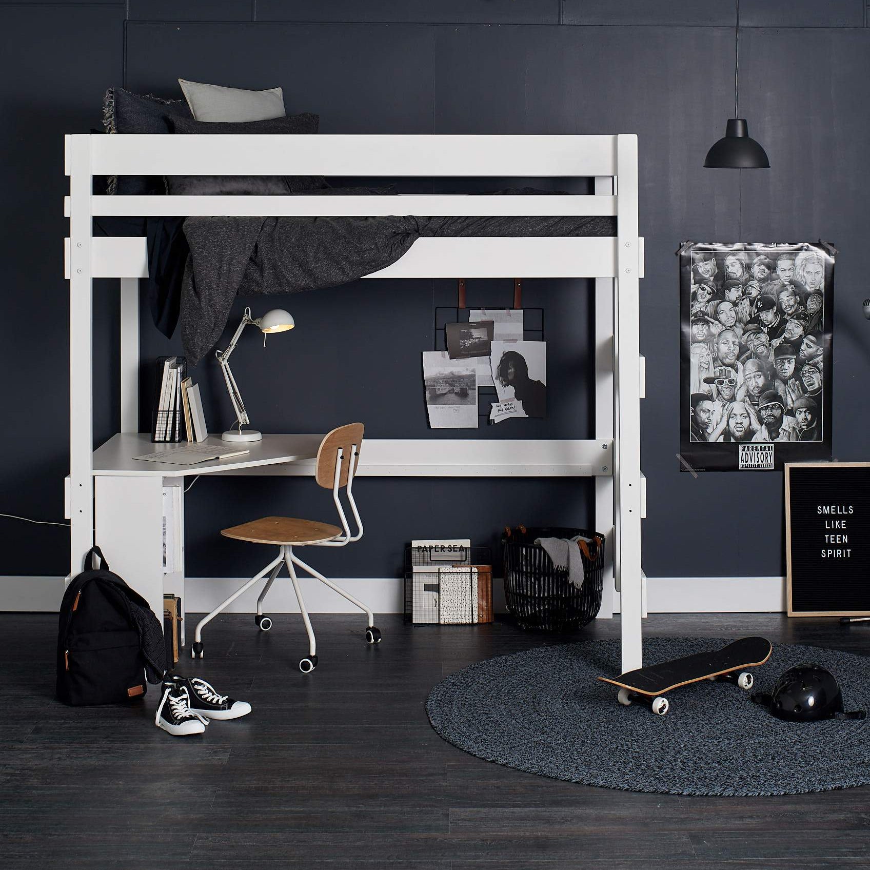 white king single Loft bed with study desk, under desk shelf