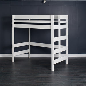 Single or king single white loft bed. Foot frame ladder access.