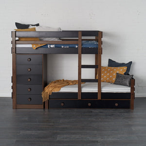 Offset bunk bed with storage chest and under bed storage drawers. Milan finish pictured, Elm stain timber with black highlights