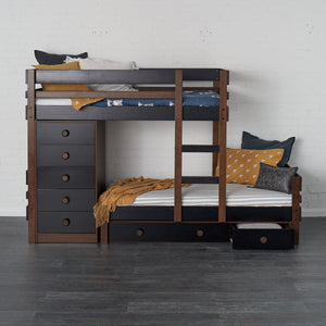 Offset bunk bed with storage chest and under bed storage drawers. Milan finish pictured, Elm stain timber with black highlights and far drawer out. 