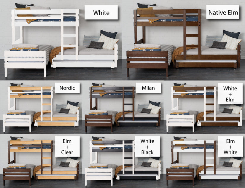 mid height offset bunk bed with standard bed and trundle finishing options