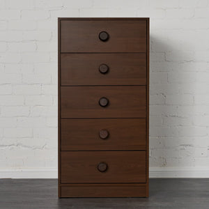 Midline chest. Large 5 drawer storage chest. Front view pictured in Elm stain finish with round timber handles.