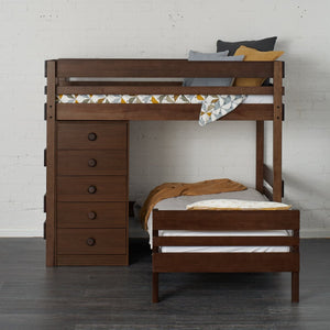 Timber L shaped bunk bed in Elm finish. Pictured with large storage drawer chest.