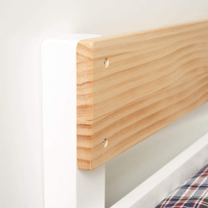 Timber safety rail on white bunk bed end frame