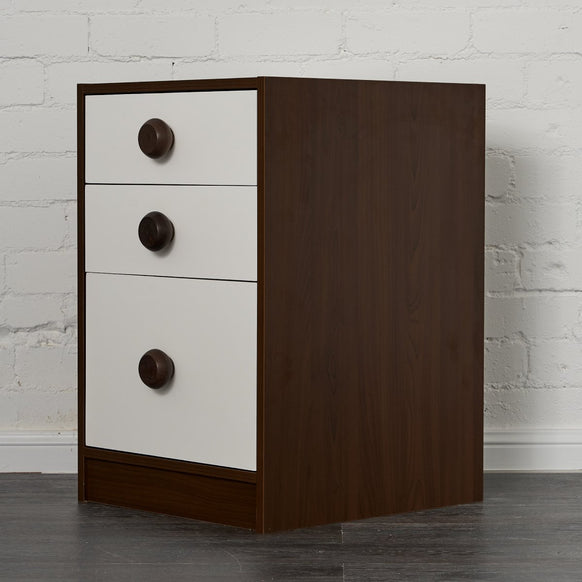 Storage chest for under loft bed desk pictured in elm timber finish with white highlight. Elm timber handles