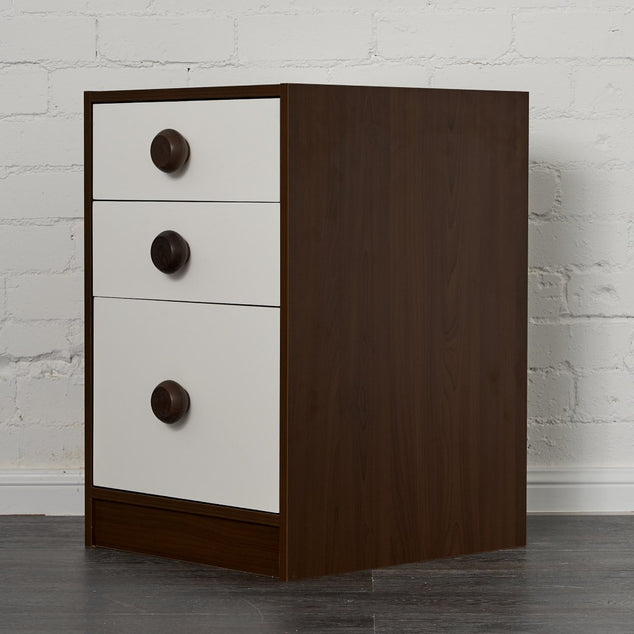 Storage chest for under loft bed desk pictured in elm timber finish with white highlight. Elm timber handles