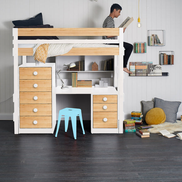 Loft bed with large desk, huge storage drawers and bookshelf.