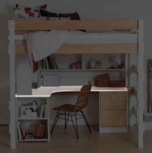 L shaped desk highlighted under double loft bed