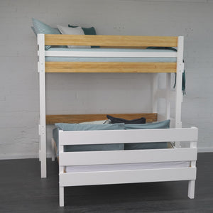 Teenage retreat king single loft bed above queen bed. Unique Corner Bunk Bed.