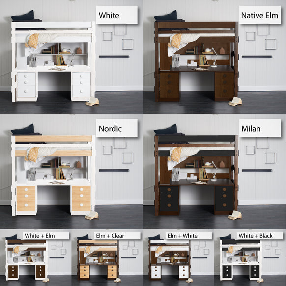 Loft bed with study desk and storage, finishing options