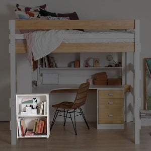 Ped Shelf unit highlighted below corner desk and loft bed