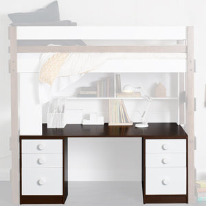 Super desktop with storage file drawers chests highlighted under loft bed space saver